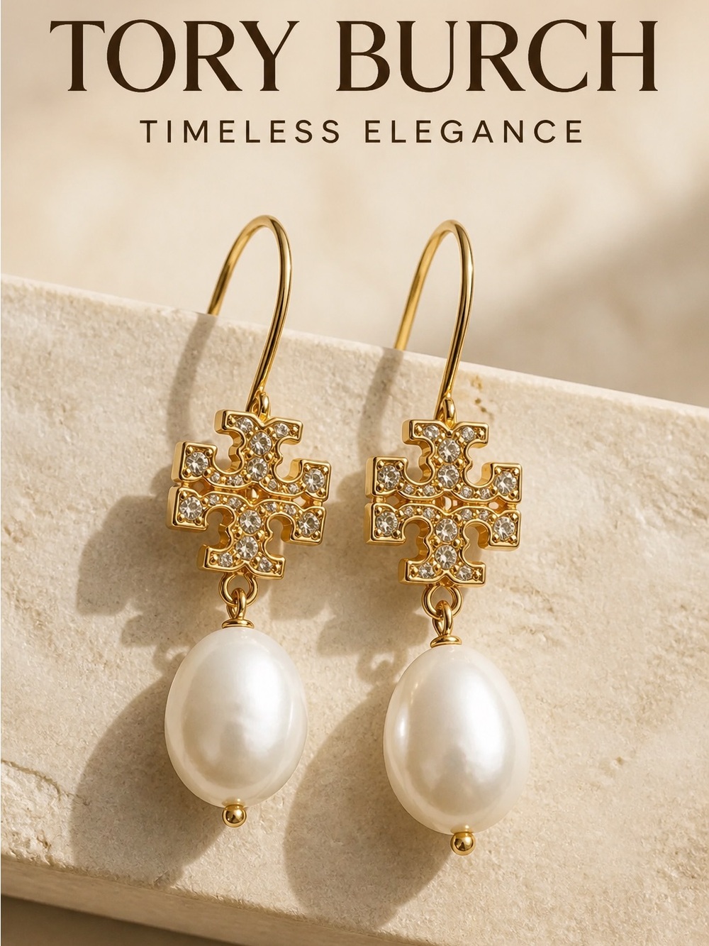 Tory Burch Gold Crystal Logo & Pearl Drop Earrings